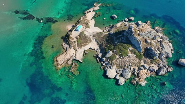 Agios Stefanos beach on Kos island in Greece in the Mediterranean, aerial view of paradise Greek islands, vacation in Greece