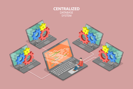 3D Isometric Flat Vector Conceptual Illustration Of Centralized Database System, Cloud Computing