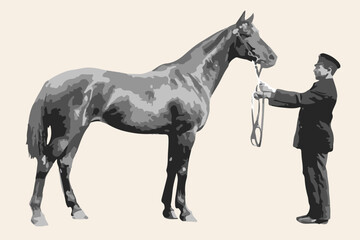 a horse with a groom of the early 20th century
