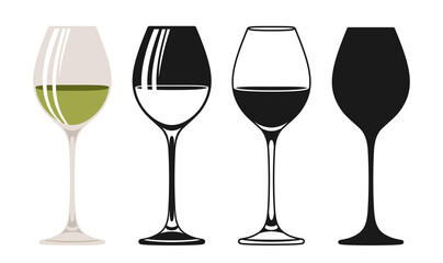 Wineglass sign set. Glass white wine design symbol, silhouette, icon, stamp engraving alcohol beverages. Winemaking advertisement design for cafe, bar restaurant menu, invitation party vector