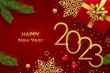 Happy New 2023 Year. Golden metallic numbers 2023 with gift box, shining snowflake, pine branches, stars, balls and confetti on red background. New Year greeting card or banner template. Vector.