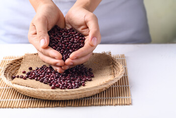 Azuki beans, Adzuki bean or red mung beans in hand, Food ingredients in many Chinese dishes and filling in Japanese sweet