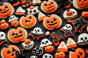 Scary halloween cookies, selective focus decoration on the black background. Halloween style