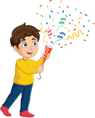 Cartoon little boy playing confetti popper