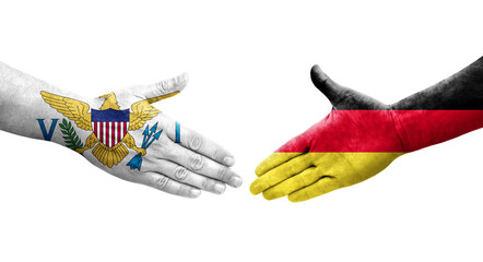 Handshake between Germany and Virgin Islands flags painted on hands, isolated transparent image.