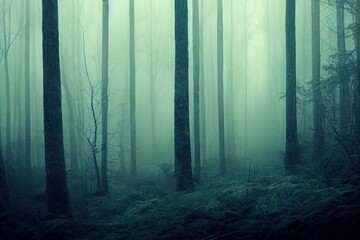 Fototapeta premium Foggy forest in a gloomy landscape