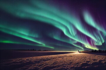Tourist with red flashlight on snowy field against the backdrop of incredible starry sky with Aurora borealis. Amazing night landscape. Northern lights in winter field - obrazy, fototapety, plakaty