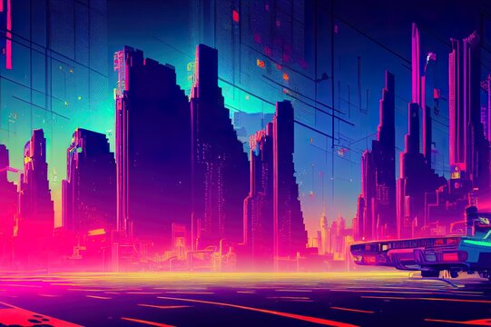 Cyberpunk neon city street at night. Futuristic city scene in a style of  pixel art. 80's wallpaper. Retro future 3D illustration. Urban scene. Stock  Illustration