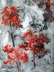 blooming lycoris, spider lily, red flowers on a gray background, acrylic painting