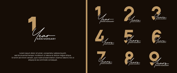 set of anniversary logo flat gold color on black background for celebration moment - obrazy, fototapety, plakaty