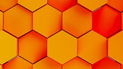 Abstract background with waves made of orange-red gradation futuristic honeycomb mosaic hexagon geometry primitive forms that goes up and down under blue back-lighting. 3D illustration. 3D CG.