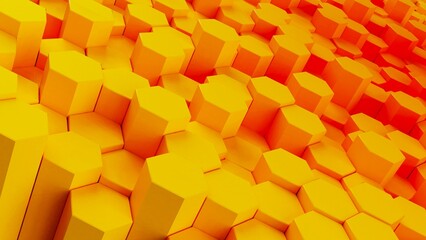 Abstract background with waves made of orange-red gradation futuristic honeycomb mosaic hexagon geometry primitive forms that goes up and down under blue back-lighting. 3D illustration. 3D CG.