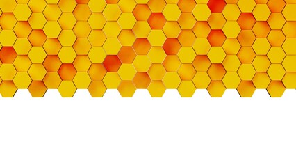 Abstract background with waves made of orange-red gradation futuristic honeycomb mosaic hexagon geometry primitive forms that goes up and down under blue back-lighting. 3D illustration. 3D CG.
