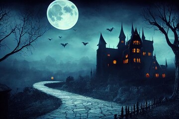 Scary Gothic castle on Halloween night, haunted palace or mansion for dark blue background. Spooky view of old mystery castle and bats in full moon. Horror scene with big gloomy house, fantasy place. - obrazy, fototapety, plakaty