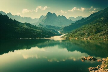 Obraz premium Beautiful lake in the mountains. Mountain lake landscape. Lake in mountains. Mountain lake view