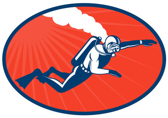 illustration of a scuba diver diving side view set inside an ellipse retro style