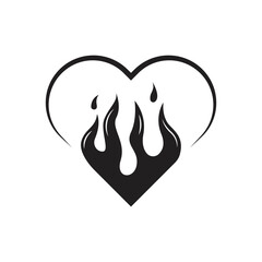 Burning heart icon, Heart silhouette with fire, blazing love pictogram. Hot passion. isolated on white background