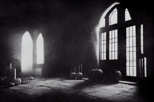Halloween. Black and white spooky photo of black magic objects in a dark ancient castle. Haunted castle.