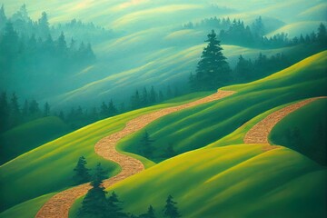 A winding path on a mountain slope. Forest in mountains. Mountain green hills landscape. Mountain forest landscape