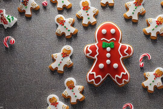 3D rendered computer generated image of holiday gingerbread man. cute 3D model look for 2022 Christmas holiday season. Traditional celebration gingerbread cookies for winter.