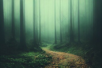 Fototapeta premium Dark foggy forest and path through it. Wild woodland nature background