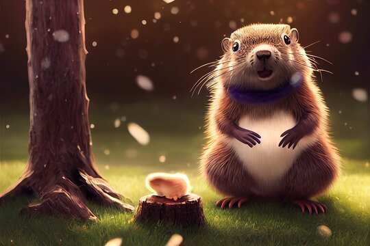 3D Rendered computer-generated groundhog for the 2022-2023 Winter Holiday. Special edition anthropomorphized groundhog mammal in snowy winter forest.