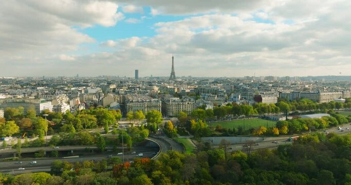 France Paris drone shot, aerial view flying over Trocadero looking at Tour Eiffel cloudy. Cityscape aerial view