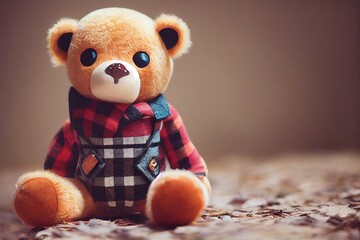 3D Rendered computer-generated holiday Teddy Bear for the 2022-2023 Winter Holiday. Special edition stuffed animal bear with photorealistic soft fluffy fur. Buffalo Plaid red checkered pattern