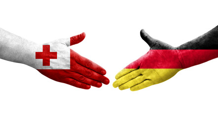 Handshake between Germany and Tonga flags painted on hands, isolated transparent image.