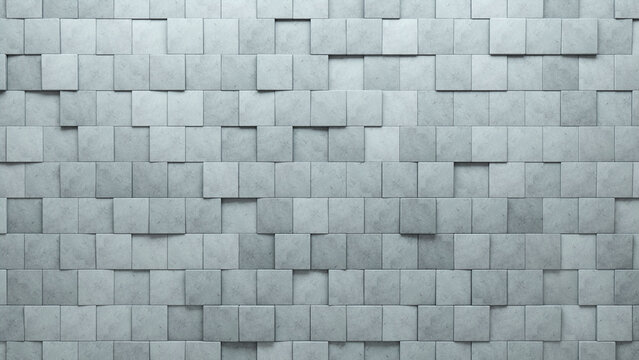 Semigloss, Futuristic Mosaic Tiles arranged in the shape of a wall. Concrete, Square, Blocks stacked to create a 3D block background. 3D Render