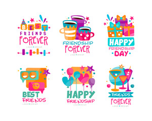 Friends Forever Logo Design with Balloons, Gift Box and Cocktails Vector Set