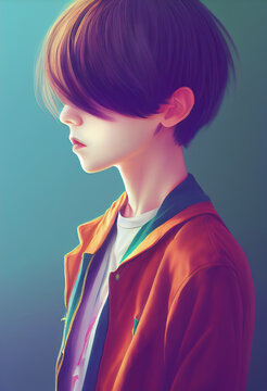 Portrait Handsome Anime Boy For Avatar And Computer Graphic Background. 2D Illustration.