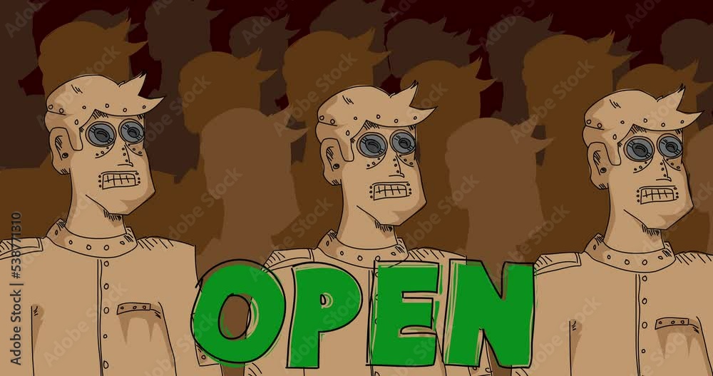 Poster robot army with open text. line art animated video. future robotics cartoon animation.