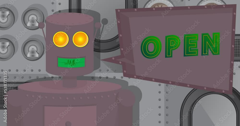 Poster robot saying open with speech bubble. cartoon animated video. future robotics animation.