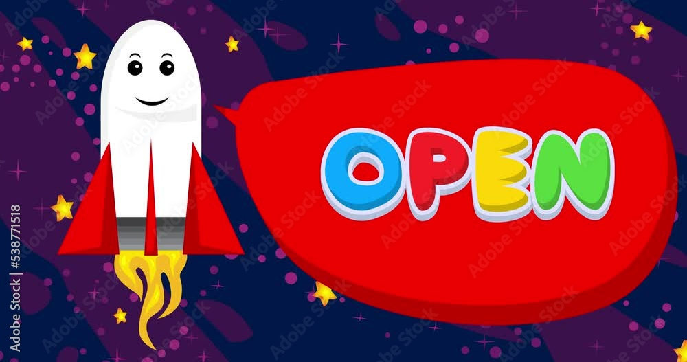 Poster rocket in space with open text in red speech bubble. cartoon animation.