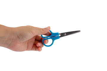 Hand holding office stationery scissors cutting on transparent background 