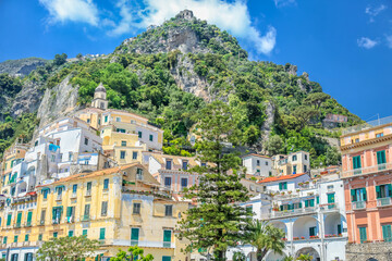 Fototapeta na wymiar Amalfi cityscape bay at sunny day, Amalfi coast of Italy, Southern Europe