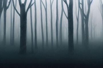 Obraz premium Panorama of foggy forest. Fairy tale spooky looking woods in a misty day. Cold foggy morning in horror forest