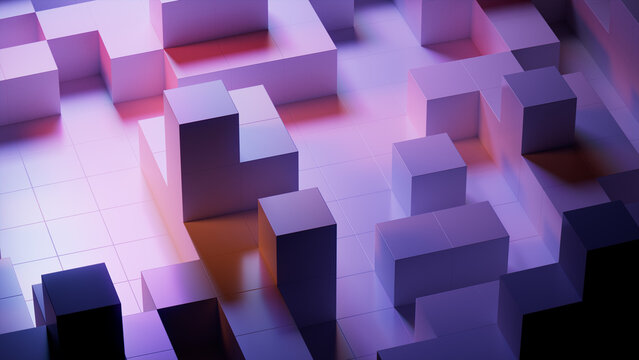 Neatly Aligned Glossy Cubes. Violet and Orange, Futuristic Tech Background. 3D Render.
