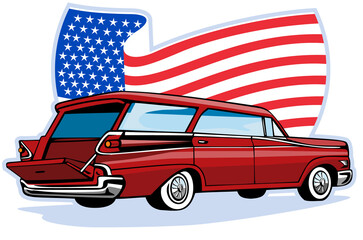 1950's styled station wagon with american flag