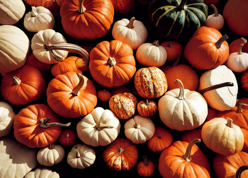 Autumn harvest colorful pumpkins still life background 3D Illustration