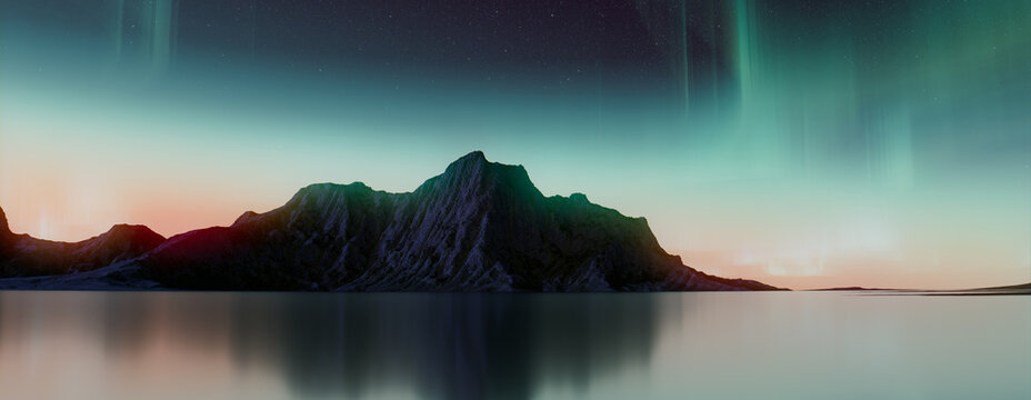 Rugged Mountains with Aurora Borealis. Green Sky Background with copy-space.