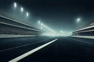 Foto op Canvas Racebaanarena met schijnwerpers. Lege racebaan met tribunes, schieten in het midden van de racebaan en startpunt. 3D render © Viks_jin