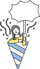 クラッカーの中から飛び出している女性が持っている看板が吹き出しのイラスト素材