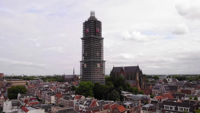Aerial View Of Dom Tower of Utrecht Covered In Scaffolding For Restoration Work. Pedestal Down