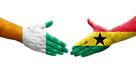 Handshake between Ghana and Ivory Coast flags painted on hands, isolated transparent image.