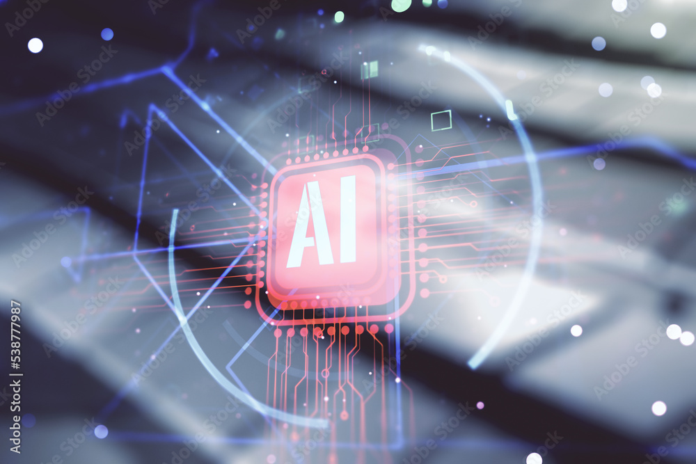 Aufkleber double exposure of creative artificial intelligence abbreviation hologram on shiny metal background.