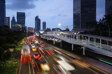 Jakarta, Indonesia: Traffic along the Sudirman avenue in Jakarta business and financial district at...