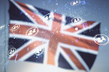 Virtual social network media hologram and world map on British flag and sunset sky background. Double exposure