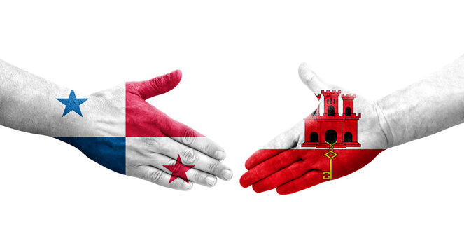 Handshake between Ghana and Panama flags painted on hands, isolated transparent image.